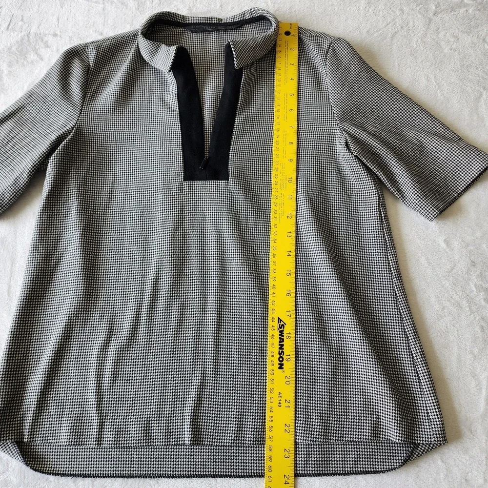 Zara Houndstooth Top Blouse Womens XS Black White Collared 1/4 Zip Preppy Office - Picture 9 of 12